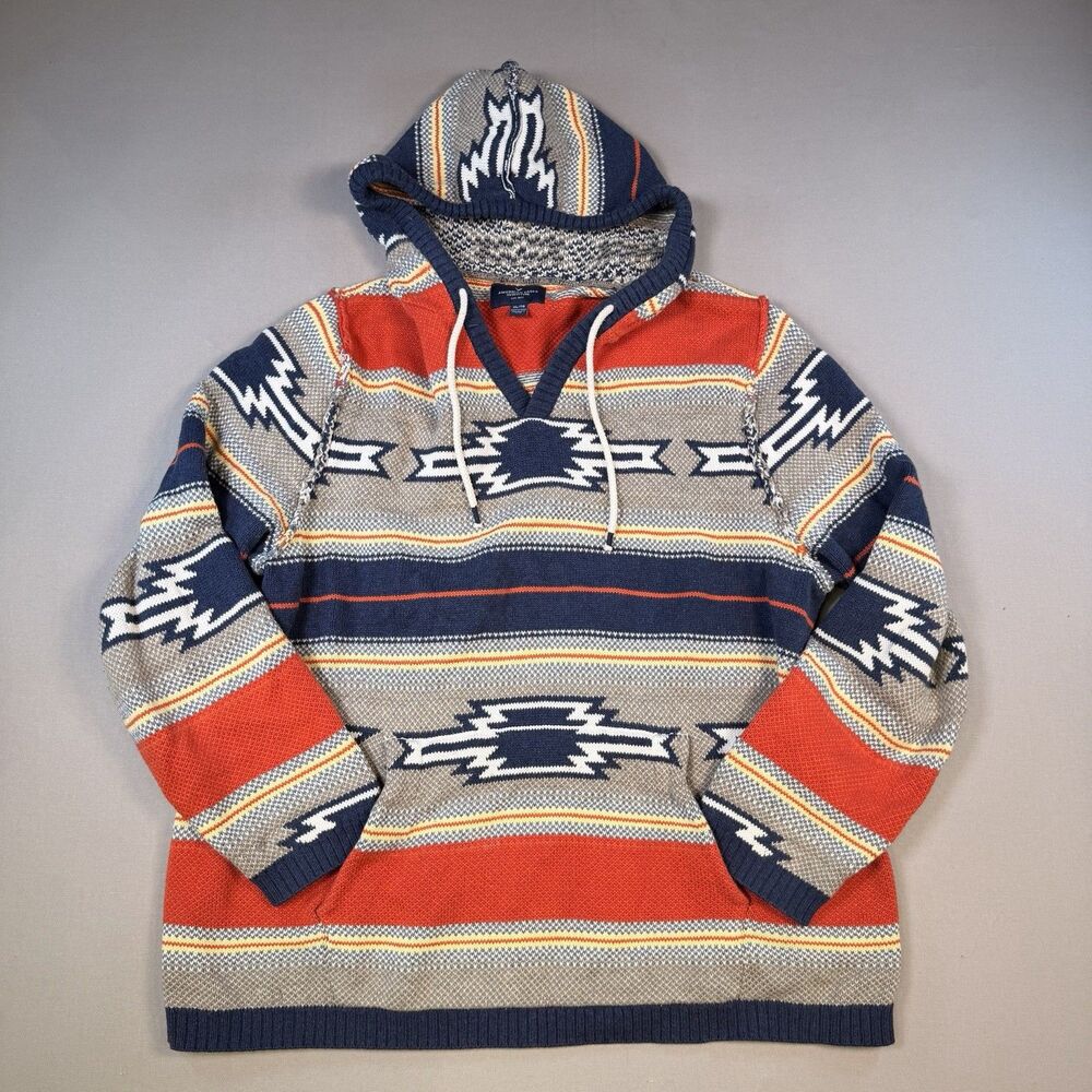 American Eagle Hoodie Mens XL Multicolor Aztec Fair Isle Pullover Cotton Knit